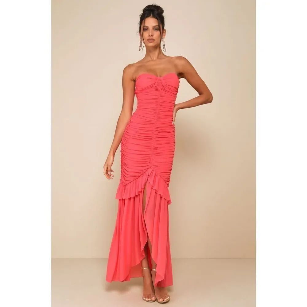 Lulus Unforgettable Beauty Mesh Ruched High-Low Maxi Dress Coral Pink Size S